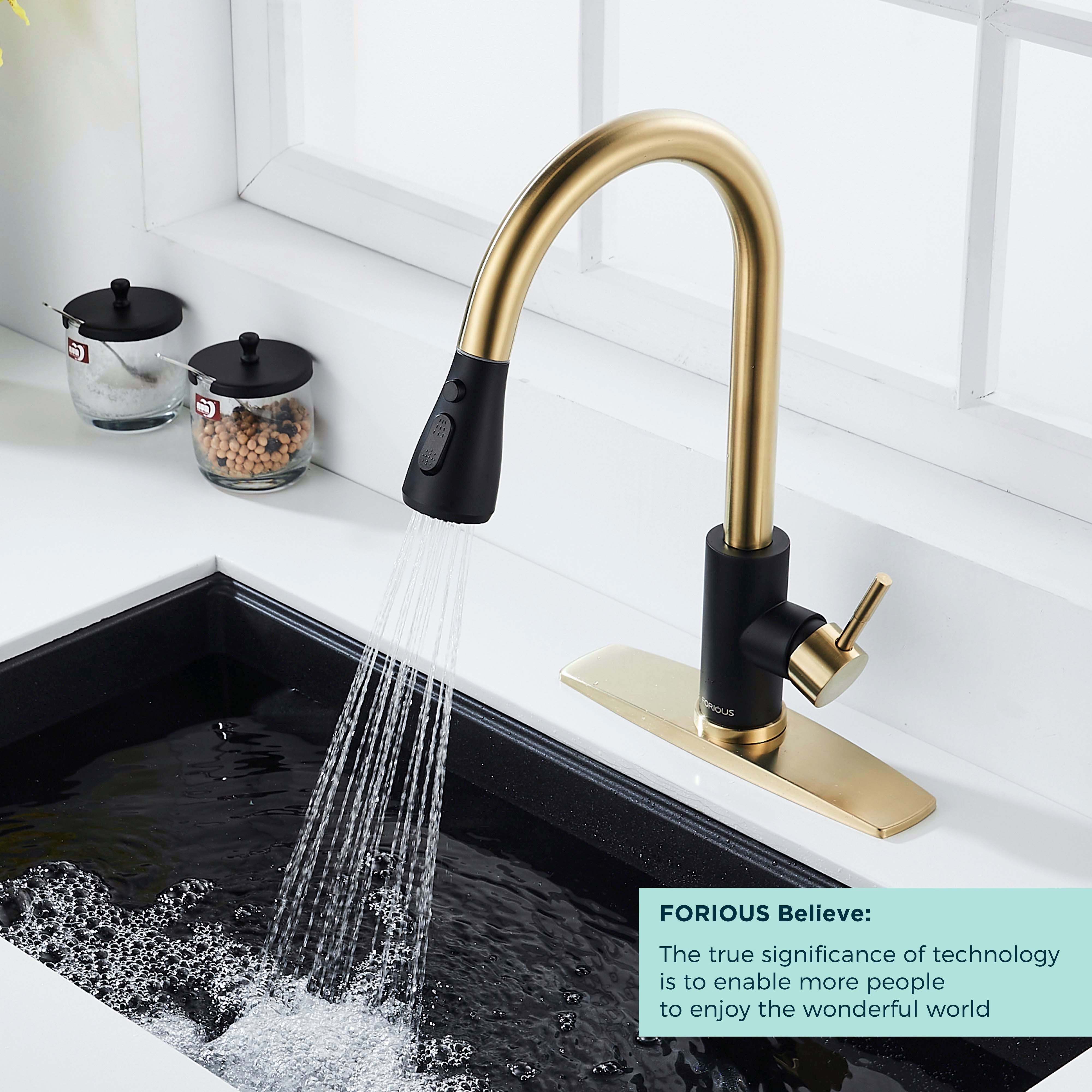 Forious Kitchen Faucet with Pull Down Sprayer Single Handle Sink Faucet Gold Black in Kitchen