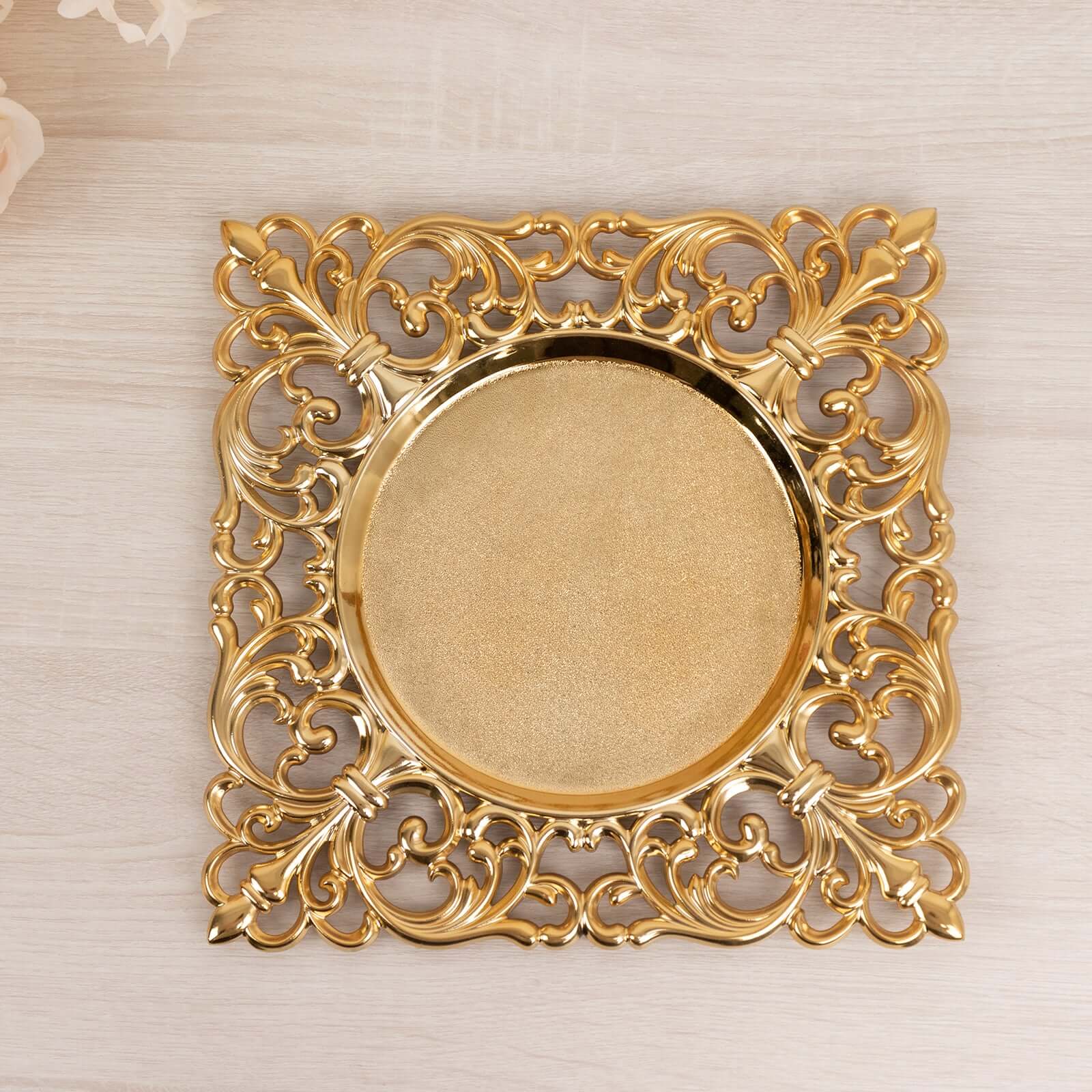 6 Pack Gold Square Acrylic Charger Plates with Hollow Lace Border, Dinner Chargers Event Tabletop Decor - 12