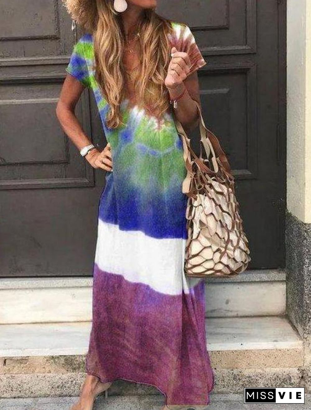 Fashion V-Neck Short Sleeve Tie Dye Loose Vacation Dress