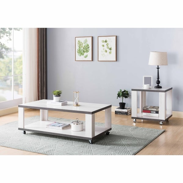 Q-Max Two-Toned End Table with Casters， Side Table with Bottom Shelf， White Oak and Distressed Grey Finish