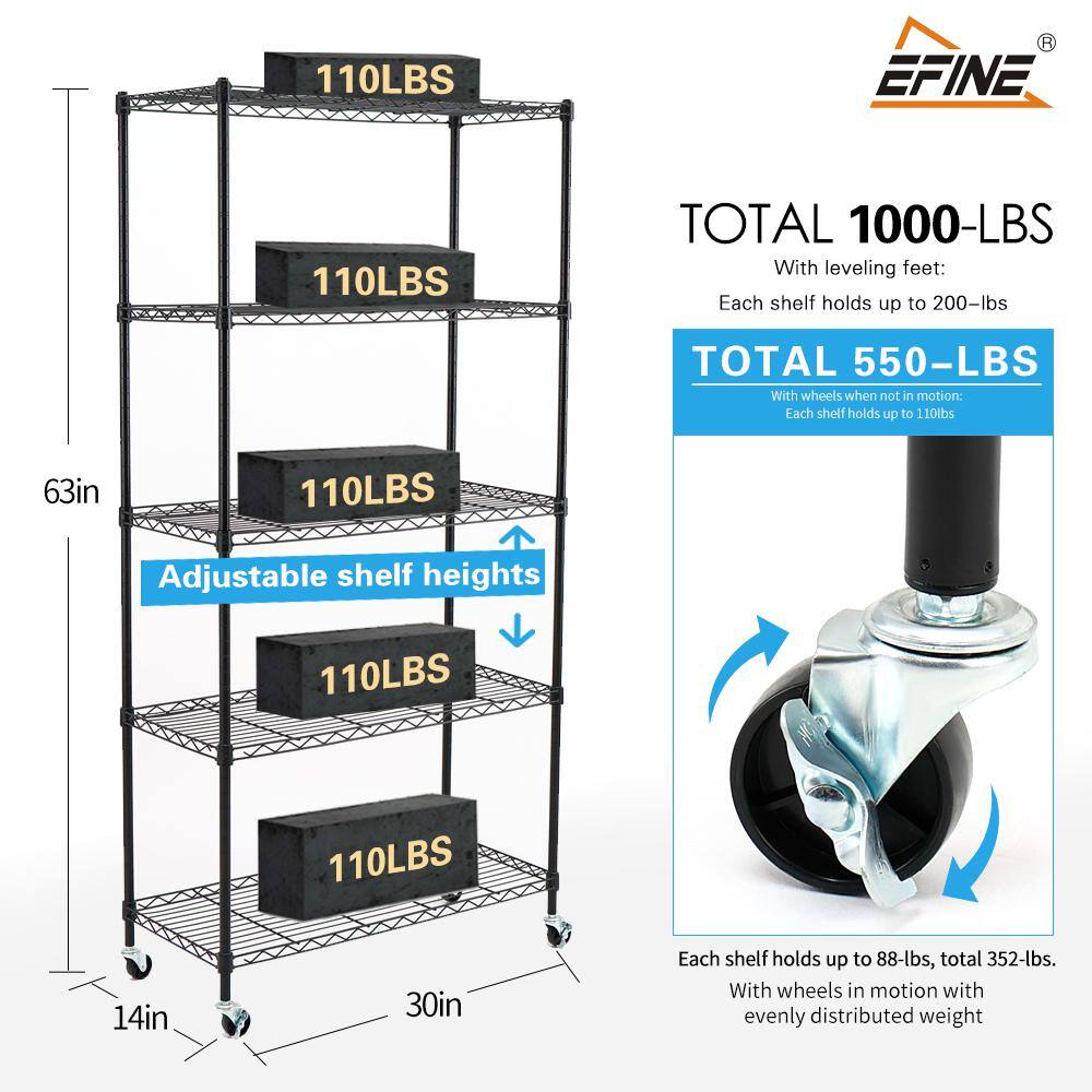 EFINE Black 5-Tier Rolling Carbon Steel Wire Garage Storage Shelving Unit Casters (2-Pack) (30 in. W x 63 in. H x 14 in. D) RL200-5WX2