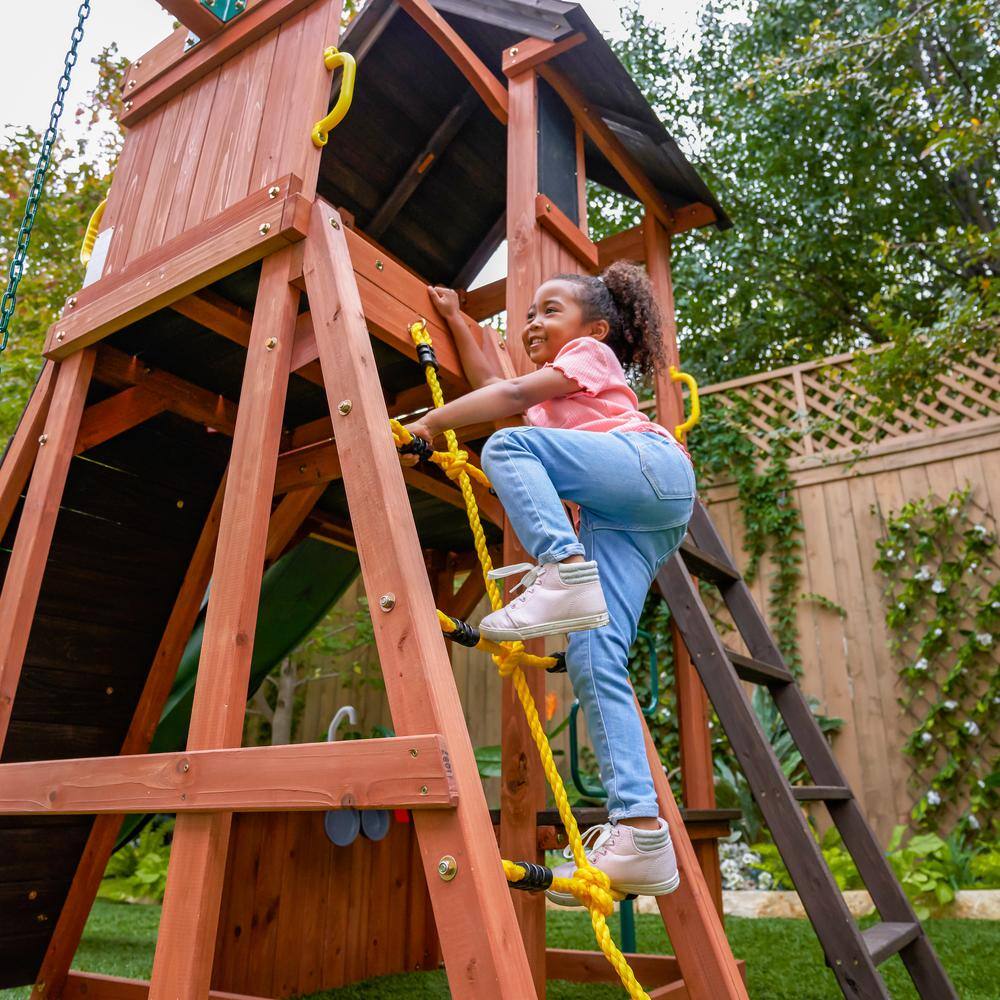 KidKraft Raptor Trail Wooden Swing SetPlayset with Twisty Ladder Wavy Slide and Rock Wall F29665HD