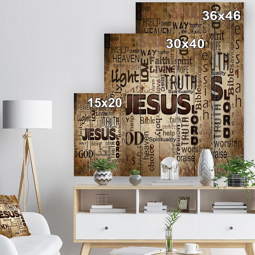 Designart 'Jesus' word cloud in grunge background' Religious Contemporary Print on Natural Pine Wood   Brown