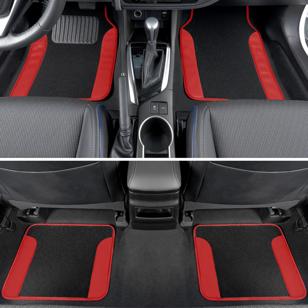 BDK MT202 Fresh Carpet Floor Mats for Car Sedan SUV Truck-Two Tone Color Design with PU Leather Trim Feature， Red