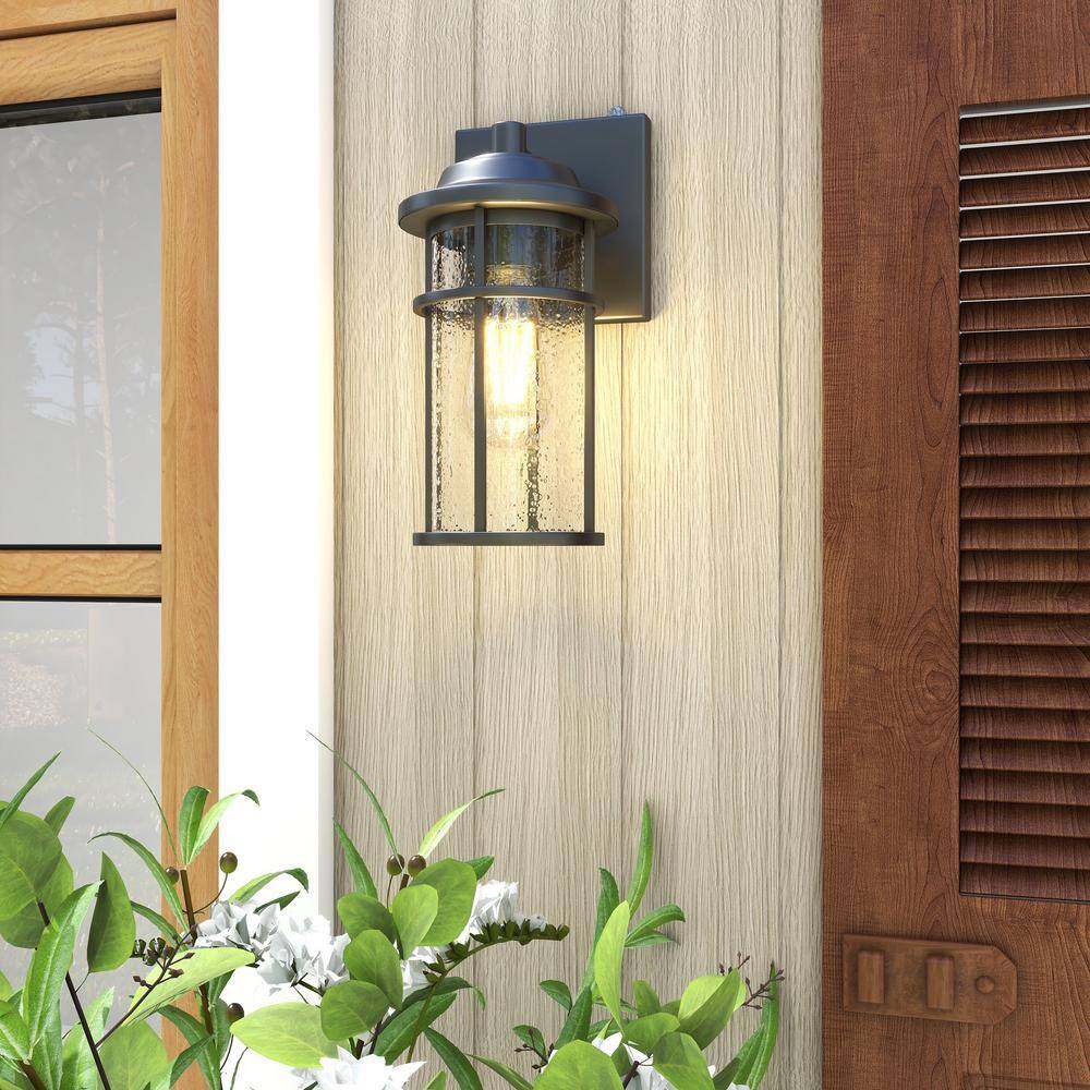 Uixe 11 in. Matte Black Hardwired Dusk to Dawn Outdoor Wall Lantern Sconce Sensor with Seeded Glass Shade SSL-14631-S-PC