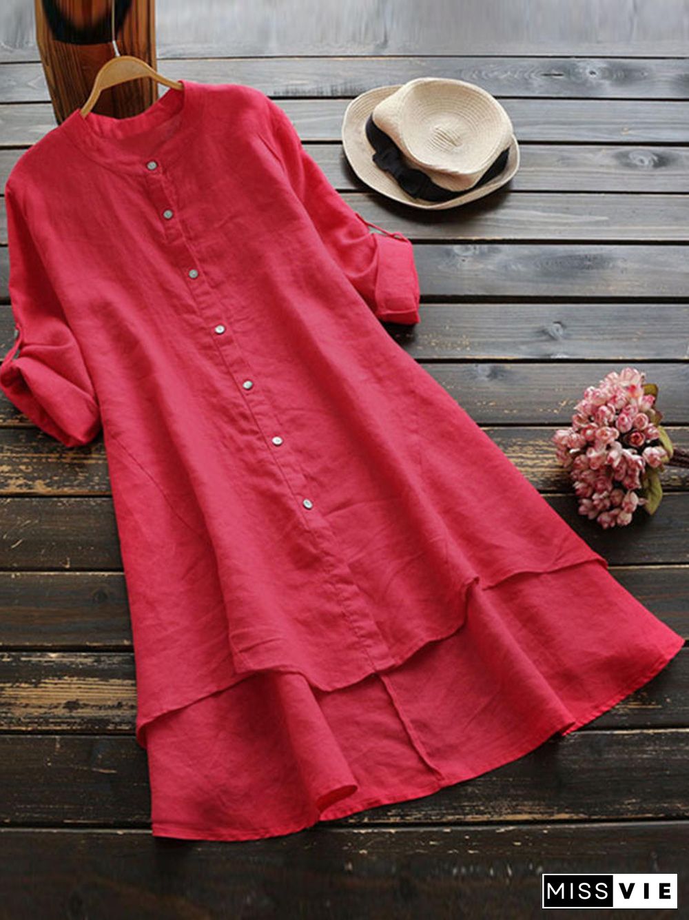 Women'S Button Stand Collar Hem Asymmetric Loose Long Sleeve Long Shirt Dress