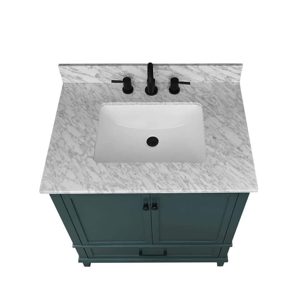 Home Decorators Collection Merryfield 31 in W x 22 in D x 35 in H Bathroom Vanity in Antigua Green with Carrara White Marble Top