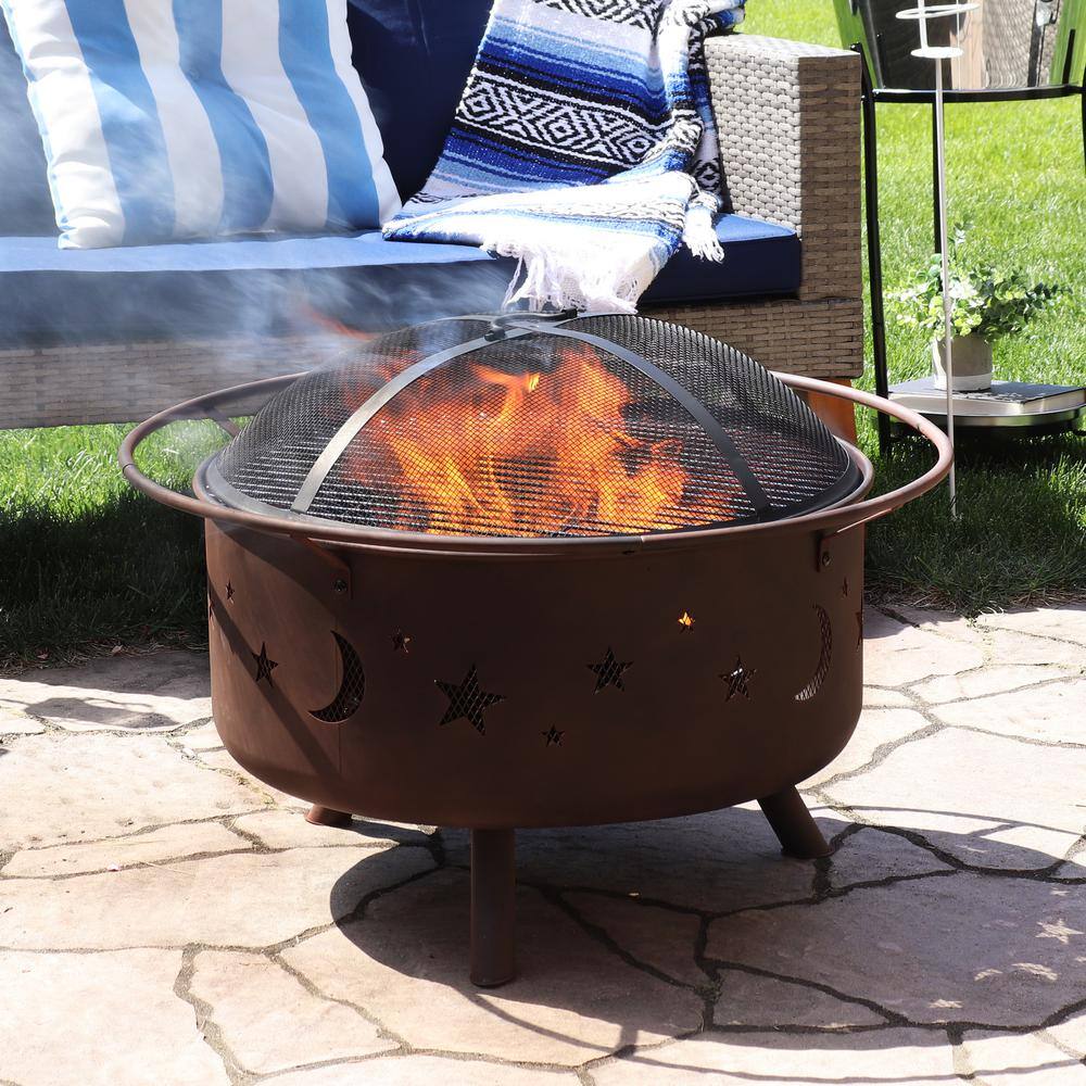 Sunnydaze Decor Cosmic 30 in. x 20 in. Round Bronze Steel Wood Burning Fire Pit with Cooking Grill and Spark Screen NB-MS201