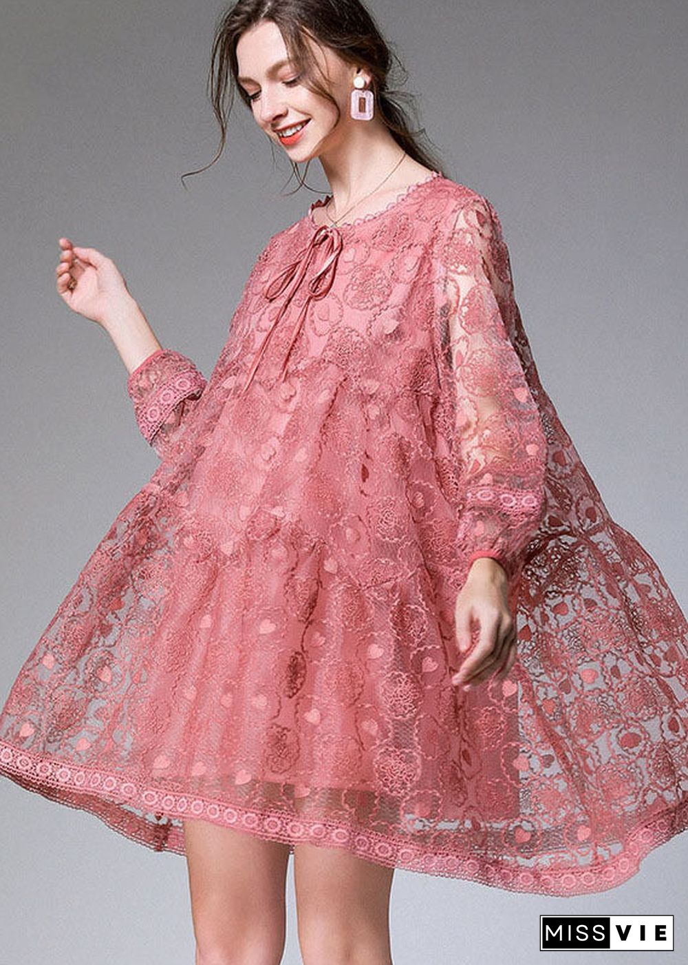 Fitted Pink Embroideried Patchwork Lace Mid Dress Long Sleeve