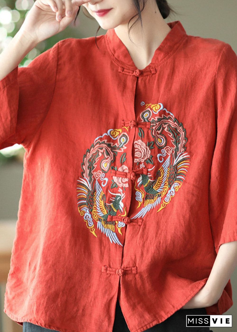 DIY Red Stand Collar Embroideried Linen Shirts Long Sleeve