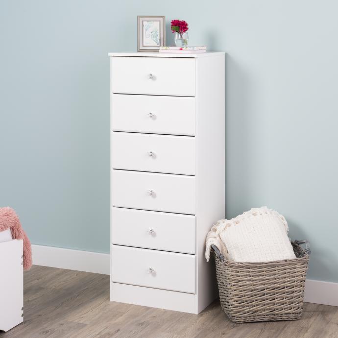 Prepac Astrid 6 Drawer Tall Dresser with Acrylic Knobs, White