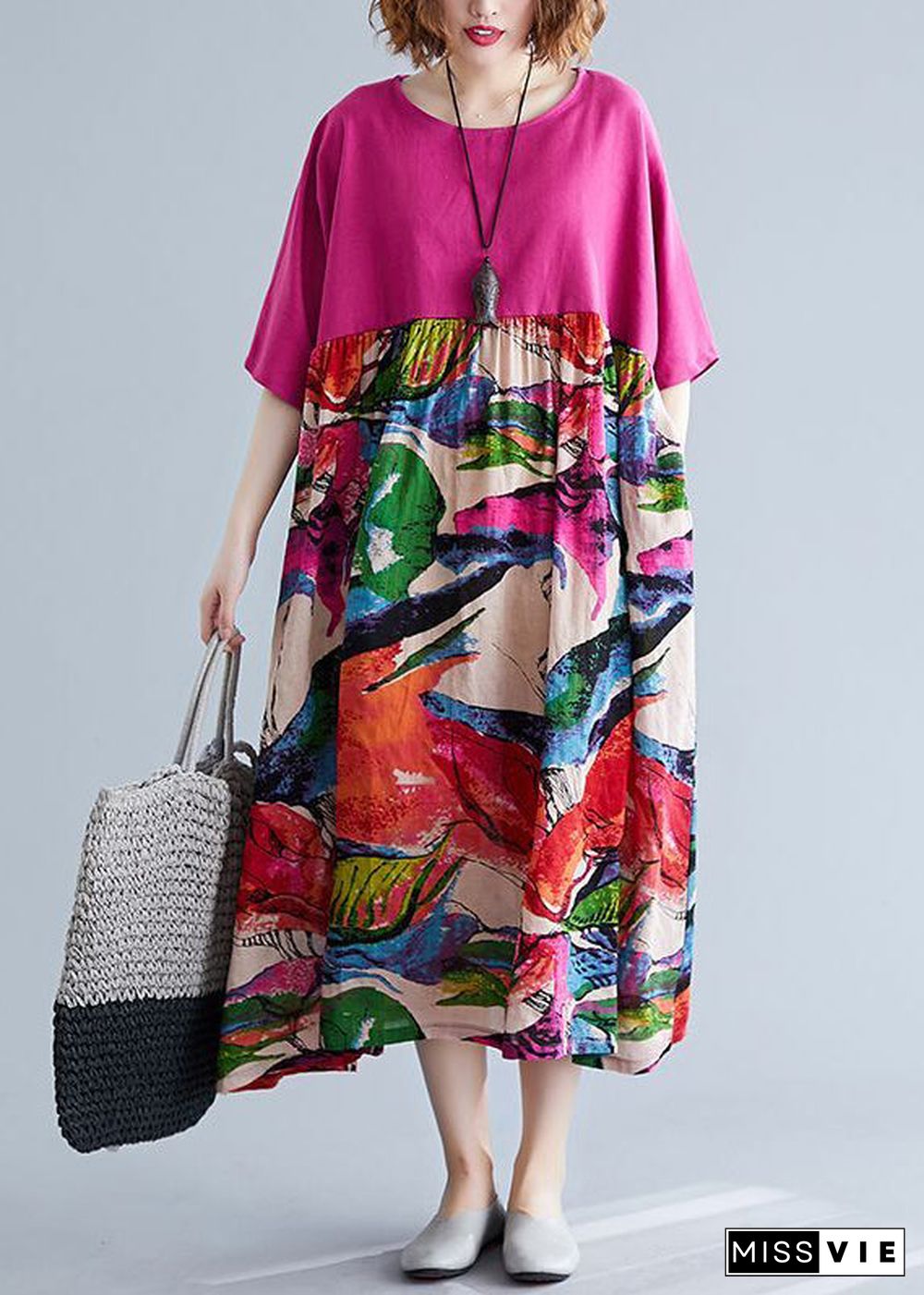 Boutique Rose Oversized Patchwork Print Cotton Maxi Dresses Half Sleeve