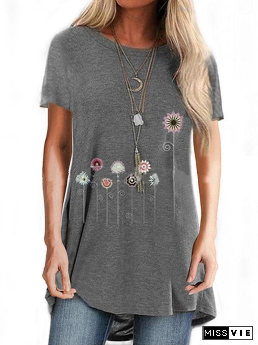 Women Short Sleeve Round Neck Top Floral Printed T-shirt