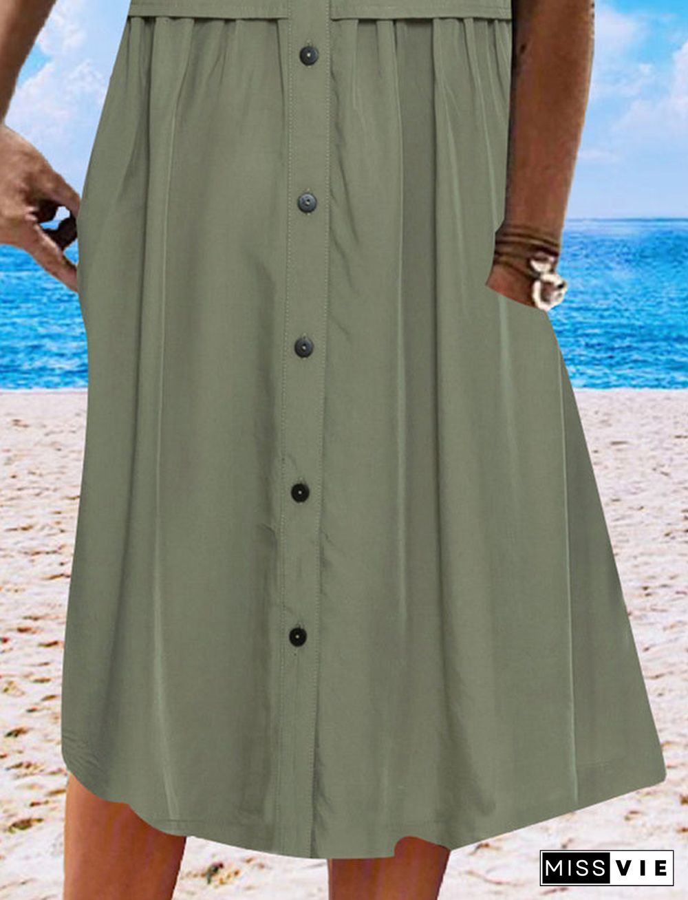 Women's Green Sleeveless V-neck Buttons Midi Dress