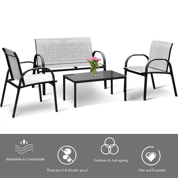 Costway 4 Pcs Patio Furniture Set Sofa Coffee Table Steel Frame Garden Deck Gray