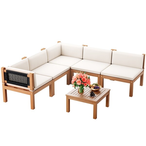 Furniwell 6Piece Outdoor Patio Furniture Sets Sectional Sofa Set Acacia Wood Set with Table