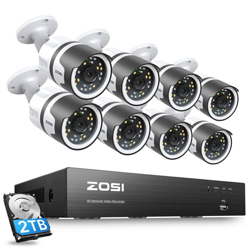 ZOSI 8-Channel 5MP POE 2TB NVR Security Camera System with 8 5MP Wired Outdoor Cameras Human Detection 2-Way Audio 8HQ-1905W8-20-US-A2