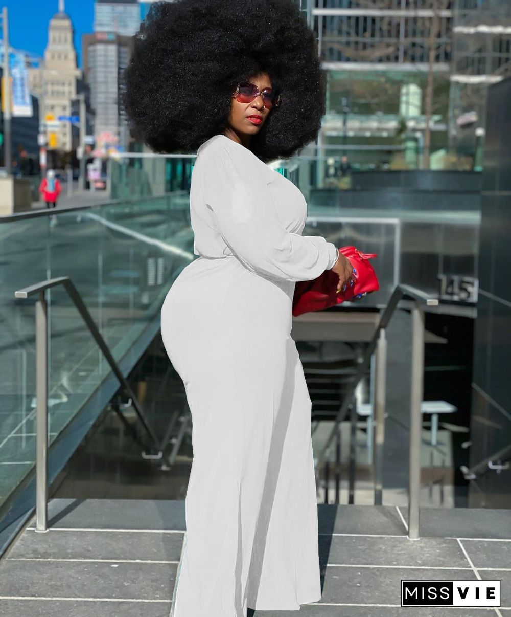 Long Sleeve V-neck Plus Size Wide Leg Jumpsuit