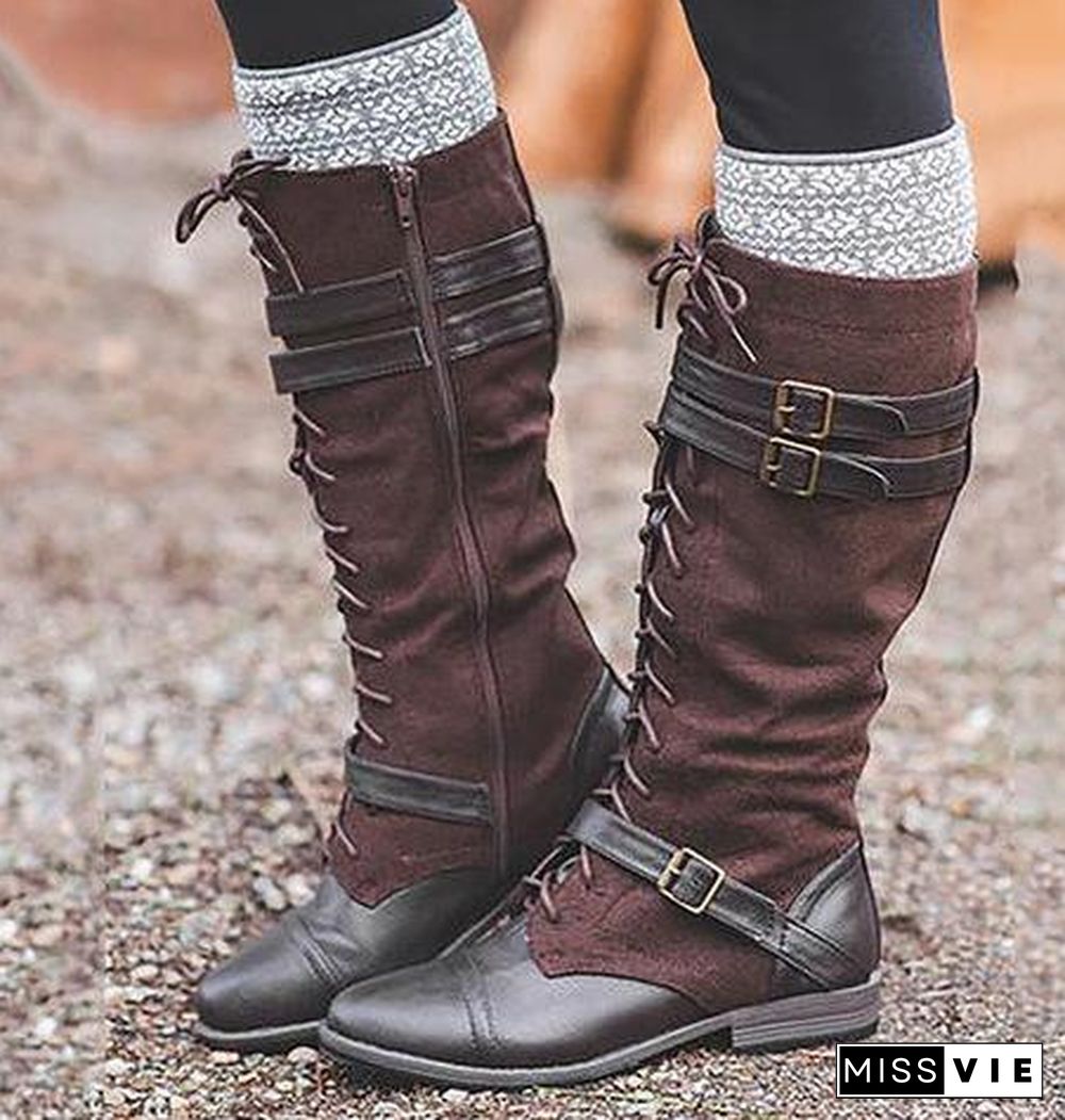 Strappy Color Block Joint Long Boots