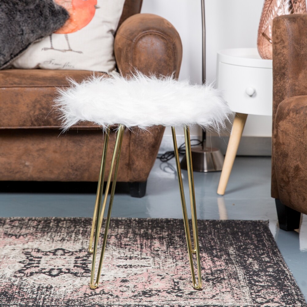 Faux Foot Stool/Vanity Chair with Golden Metal Legs  Small Fuzzy Fluffy Round Ottoman Storage   2 Pack