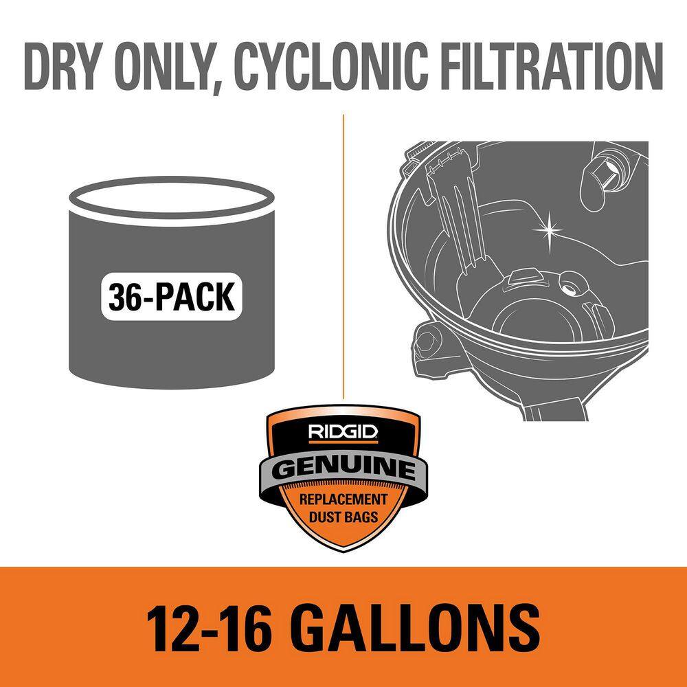 RIDGID Premium Size A Cyclonic Dry Pick-Up Dust Bags for Select 12 Gal. to 16 Gal. WetDry Shop Vacuums (36-Pack) VF3602D