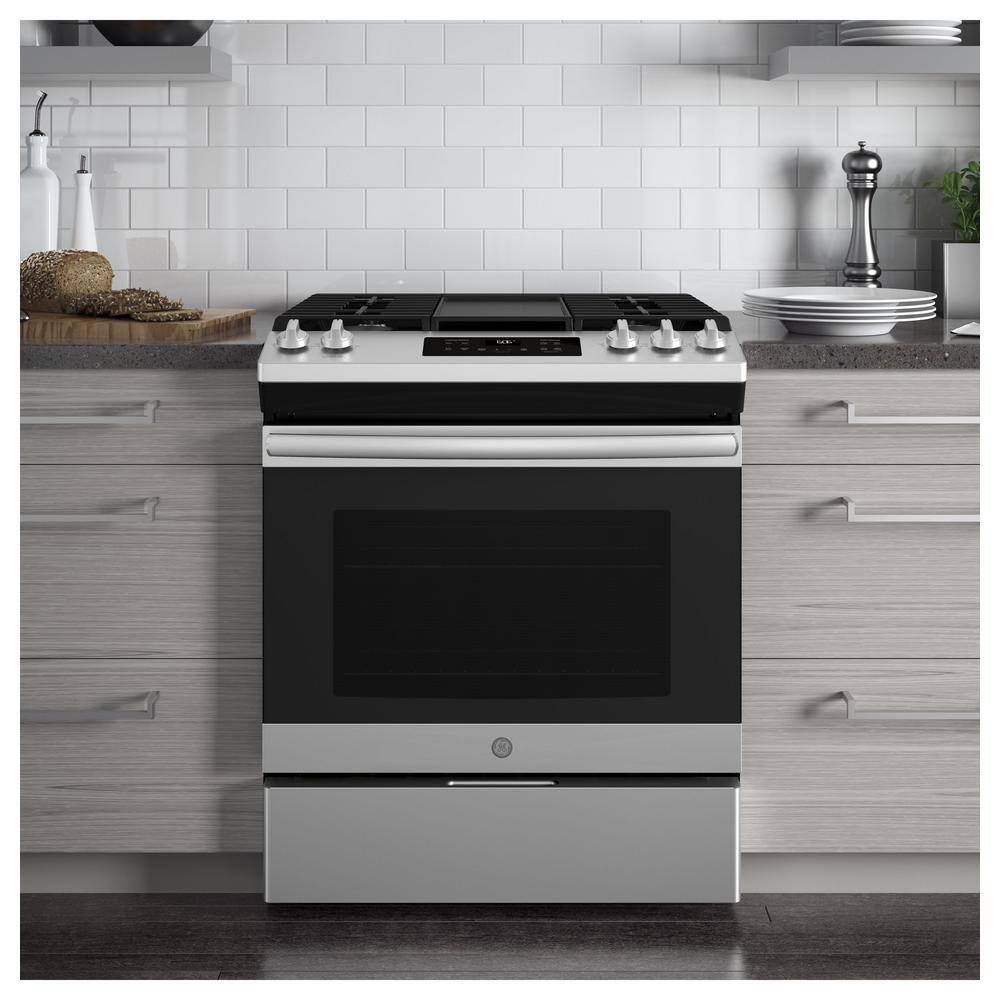 GE 30 in. 5.3 cu. ft. Slide-In Gas Range in Stainless Steel with Griddle JGSS66SELSS