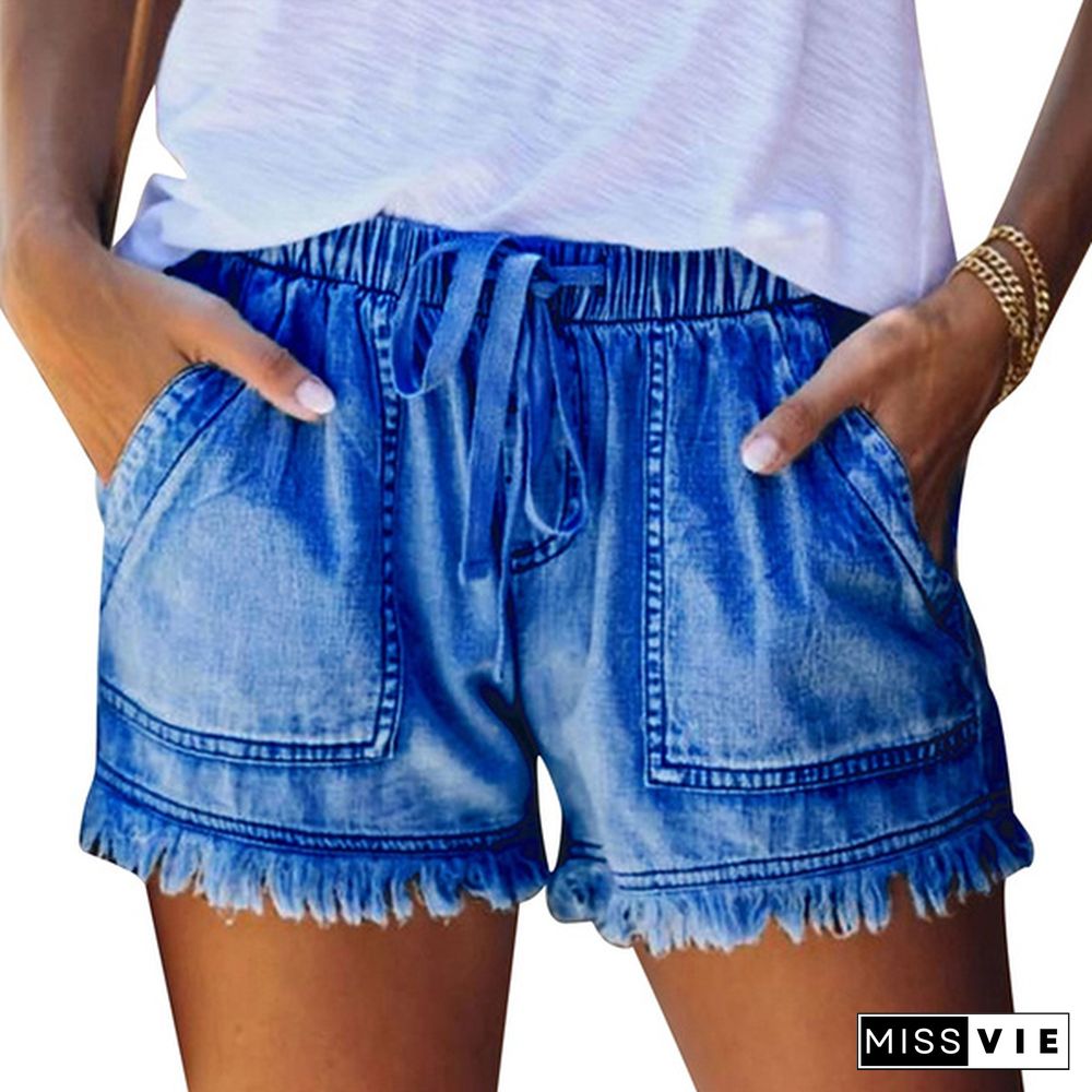 Ladies Elastic Waist Casual High Waist Slim Thin Denim Shorts Hot Pants