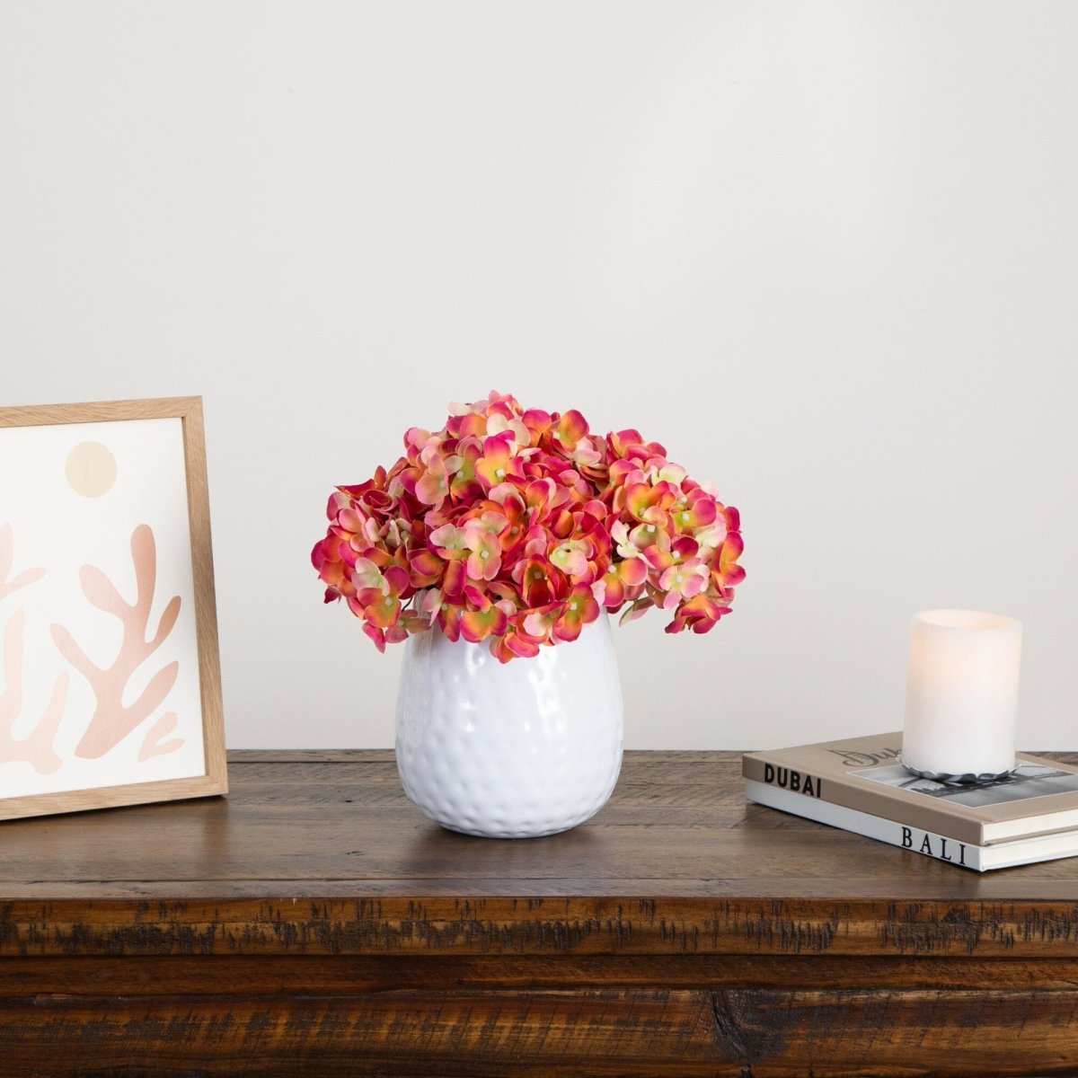 11” Artificial Hydrangea Arrangement in White Metal Vase