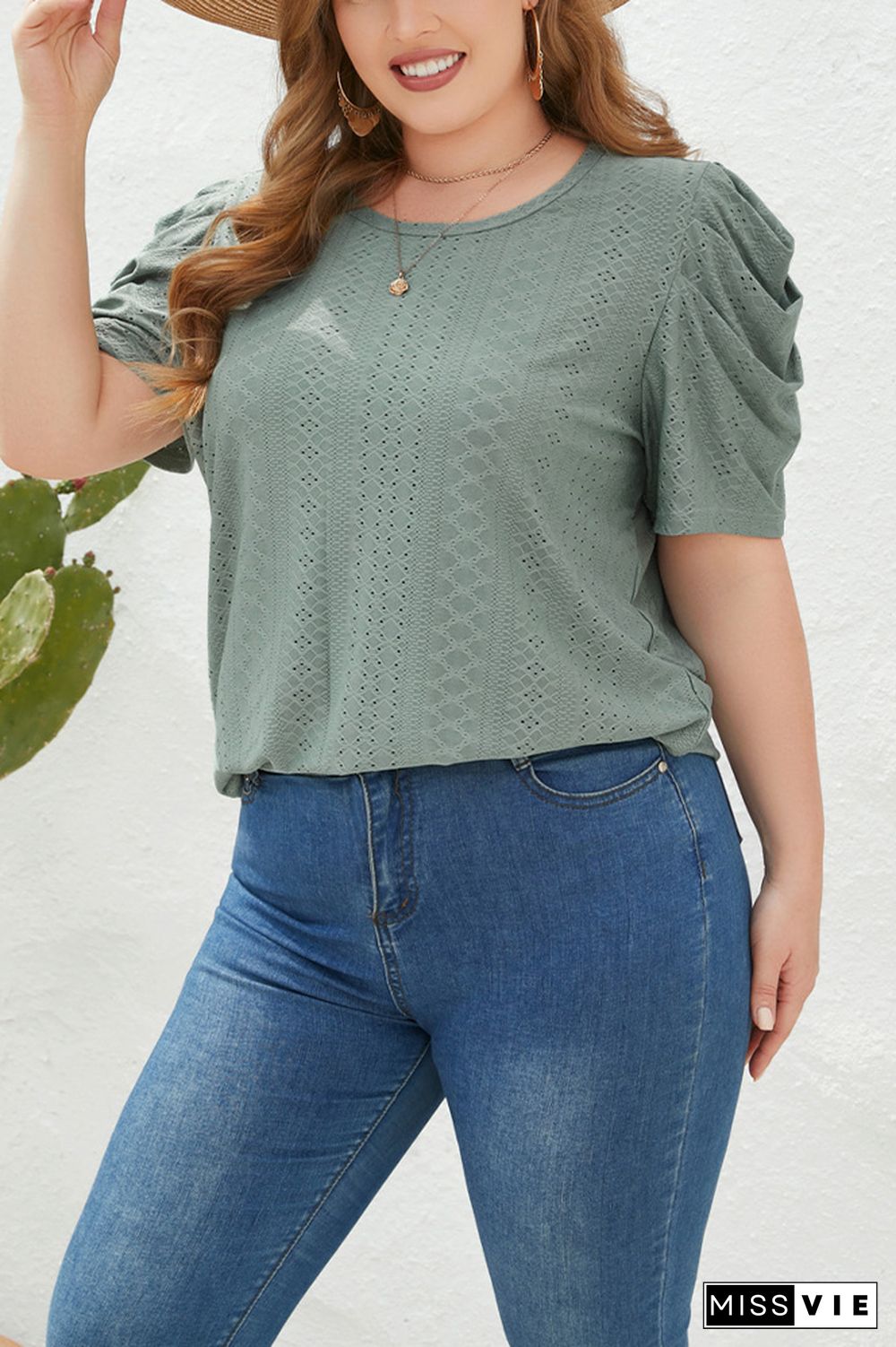 Eyelet Smocked Sleeves Plus Size Top