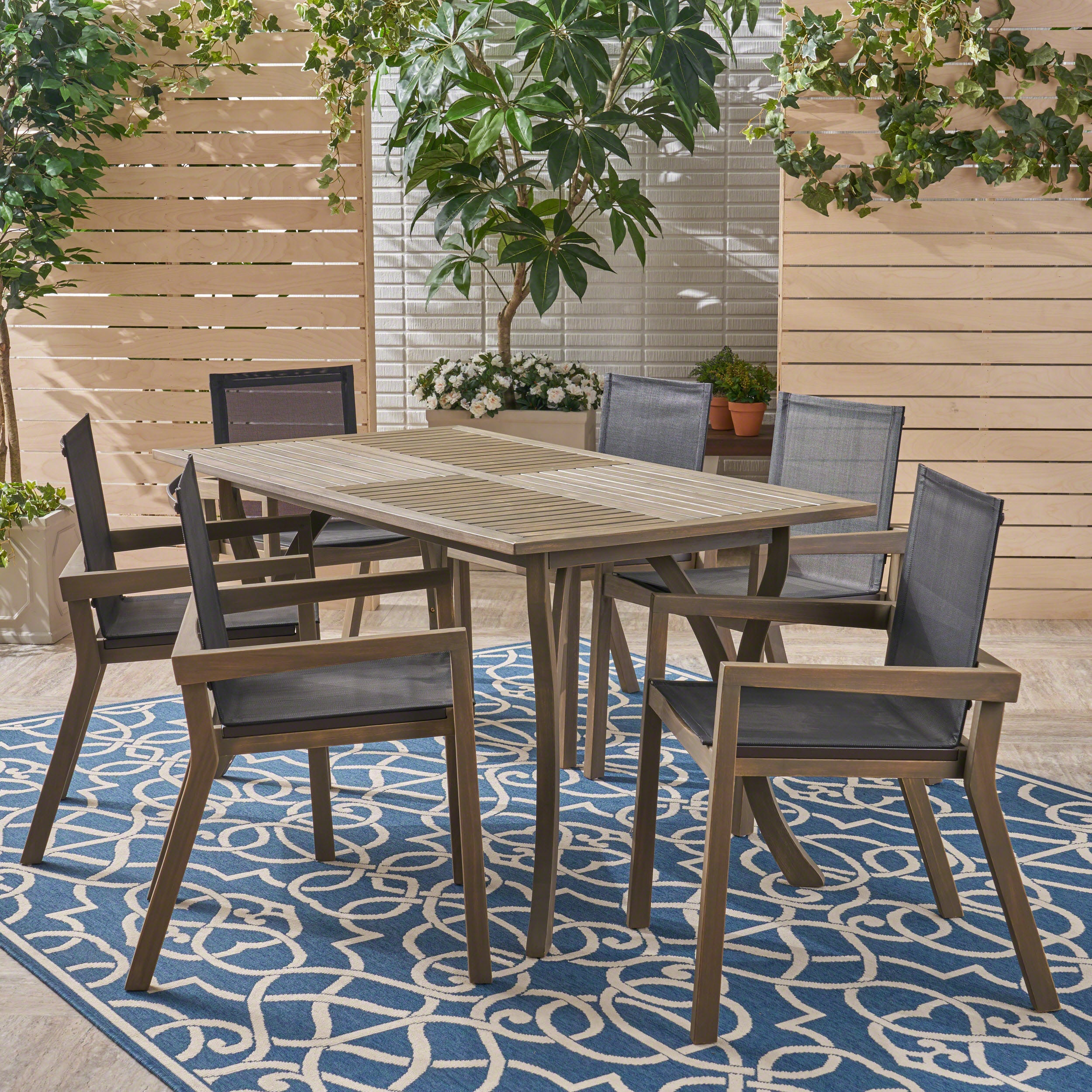 Darlin Outdoor Acacia Wood 7 Piece Dining Set with Mesh Seats