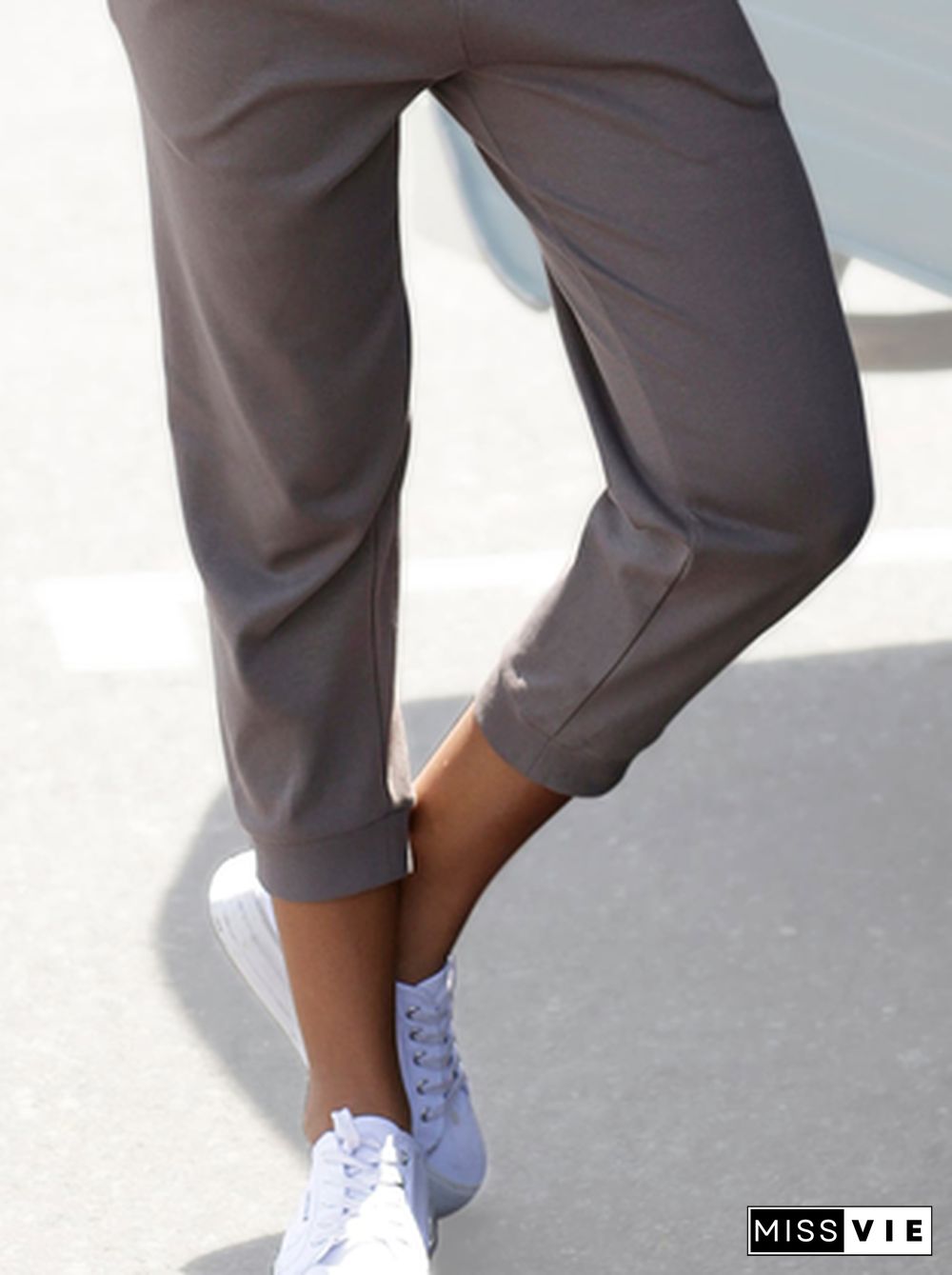 Plus size Casual Cropped Plain Sports Pants