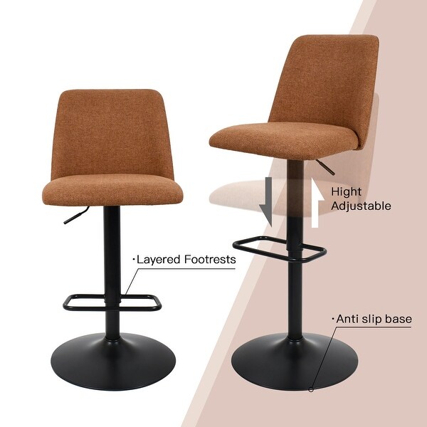 Upholstered Adjustable Height Swivel Bar Stool with Back Set of 2