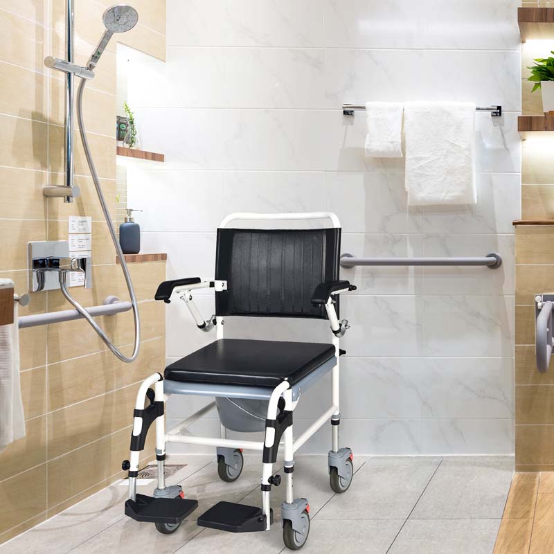 4-in-1 Bedside Commode Chair Shower Wheelchair with Detachable Bucket, Padded Mobile Toilet Chair