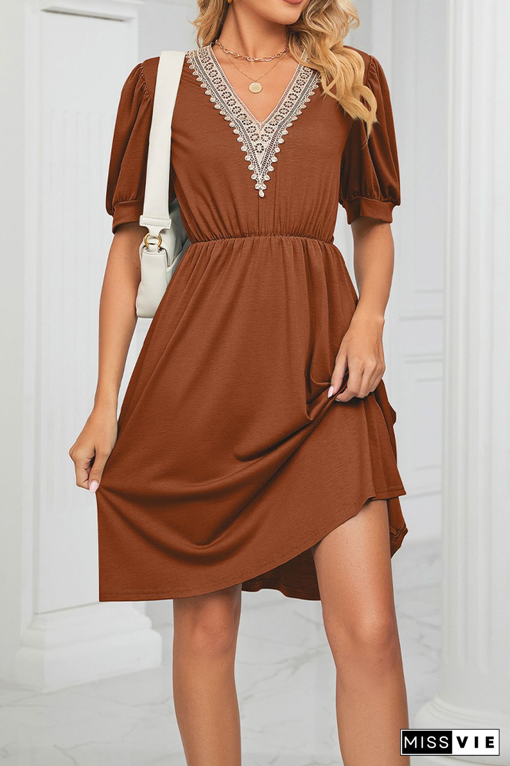 V Neck Lace Edge Pockets T-Shirt Dress