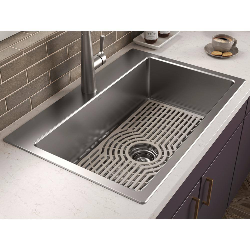 KOHLER Cursiva All-in-One Stainless Steel 33 in. Single Bowl Drop-In or Undermount Kitchen Sink with Faucet K-RH28174-1PC-NA