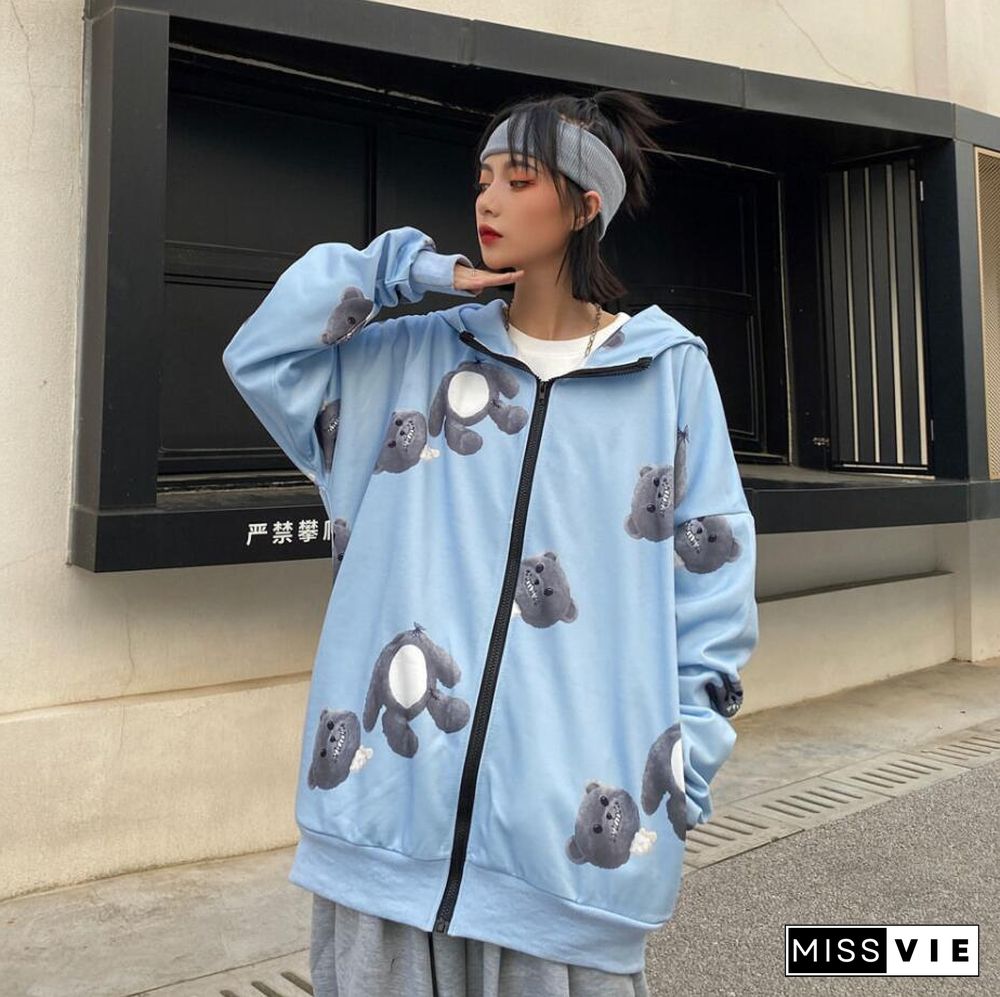 Spring Autumn Women Harajuku Zip Up Hoodies Oversized Loose Korean Version Sweatshirts Cute Kawaii Pocket Jacket Clothing Casual