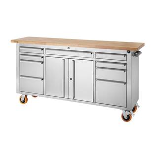 TRINITY PRO 72 in. 9-Drawer Stainless Steel Workbench with Adjustable Top TLSF-7211