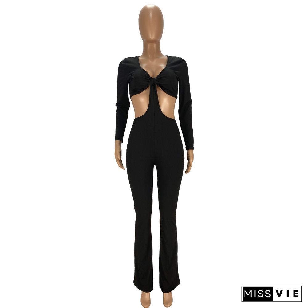 V Neck Long Sleeve Hollow Out Bodycon Jumpsuits