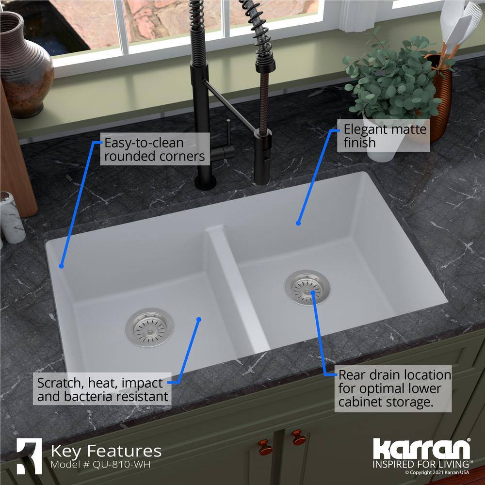 Karran Quartz White 32 in. 5050 Double Bowl Composite Undermount Kitchen Sink QU-810-WH