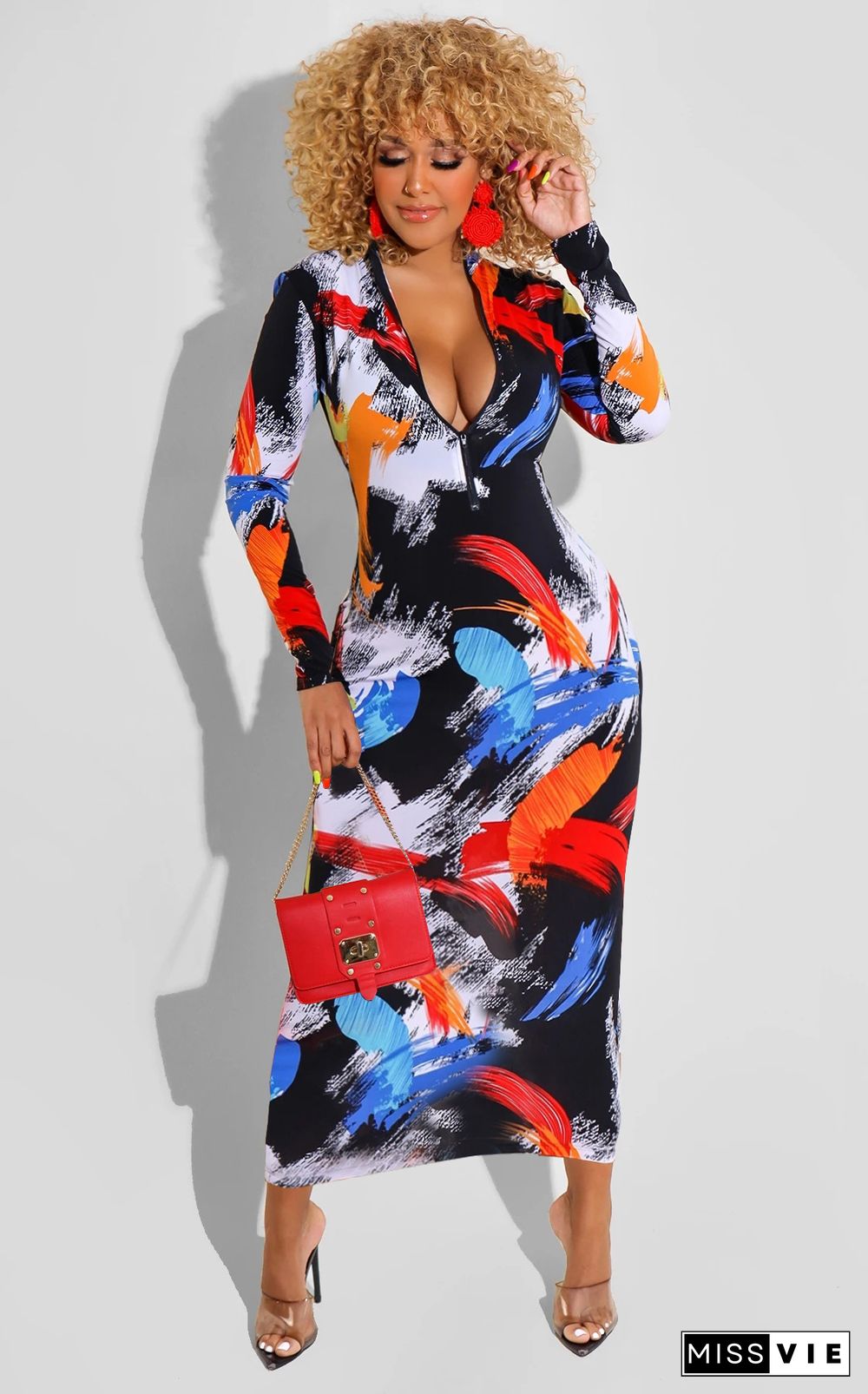 Graffiti Printing Zipper Long Sleeve Bodycon Dress