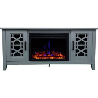 Hanover Arcadia Mid-Century 55.9 in.W Freestanding Electric Fireplace TV Stand in Slate Blue with Multi-Color Deep Log Insert FS5414-1BSBL3