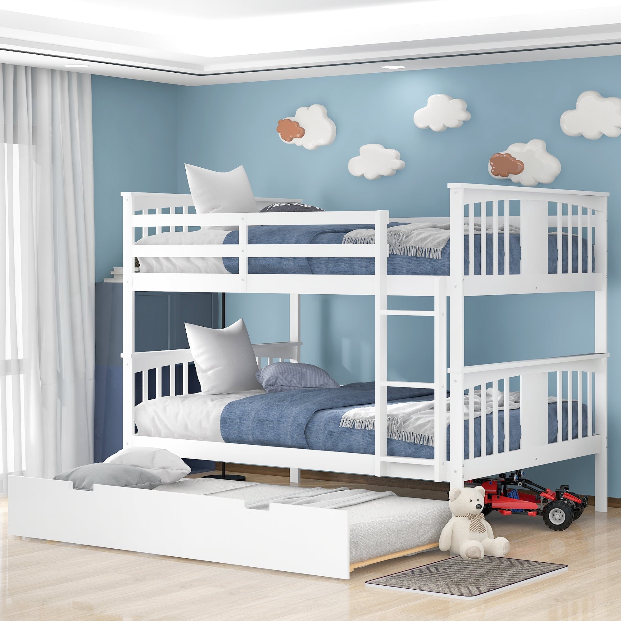 Full Over Full Bunk Bed with Twin Trundle Wood Bunk Bed Frame with Guard Rails and Ladder for Kids Boys Girls Teens Adults, Can be Convertible to 2 Beds,White