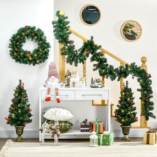 Garland Wreath and Set of 2 Entrance Trees with Warm White LED Lights