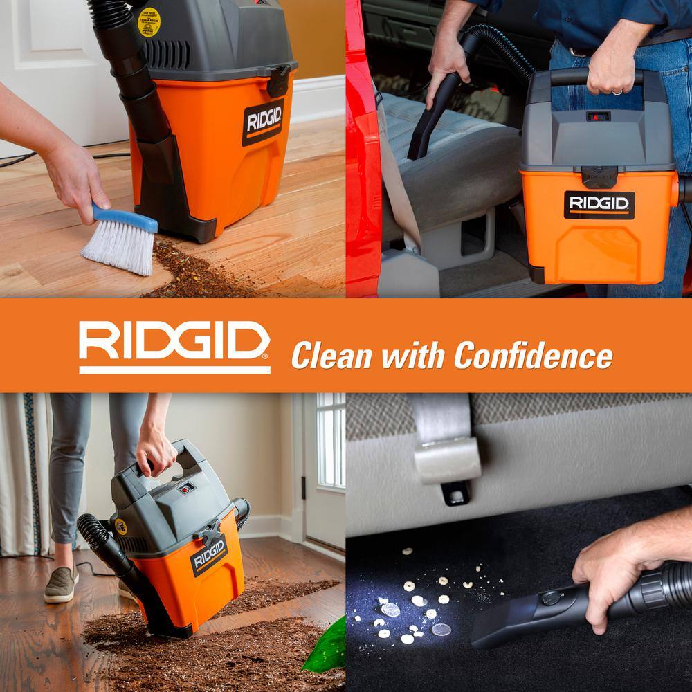 RIDGID 3 Gallon 3.5 Peak HP Portable WetDry Shop Vacuum with Built in Dust Pan Filter Expandable Hose and LED Car Nozzle WD3050A