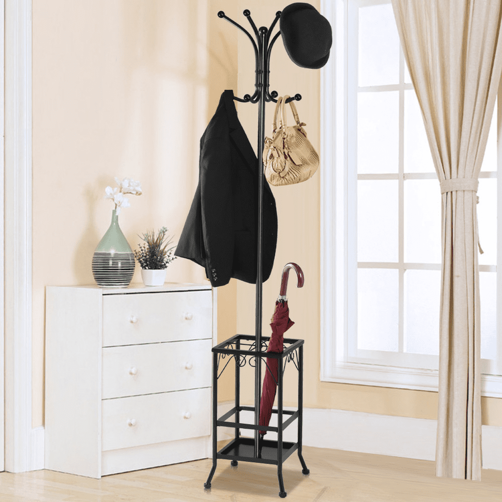 Yaheetech Metal Standing Coat Hat Rack with Umbrella Holder Coat Tree Hanger 8 Hook Solid Base