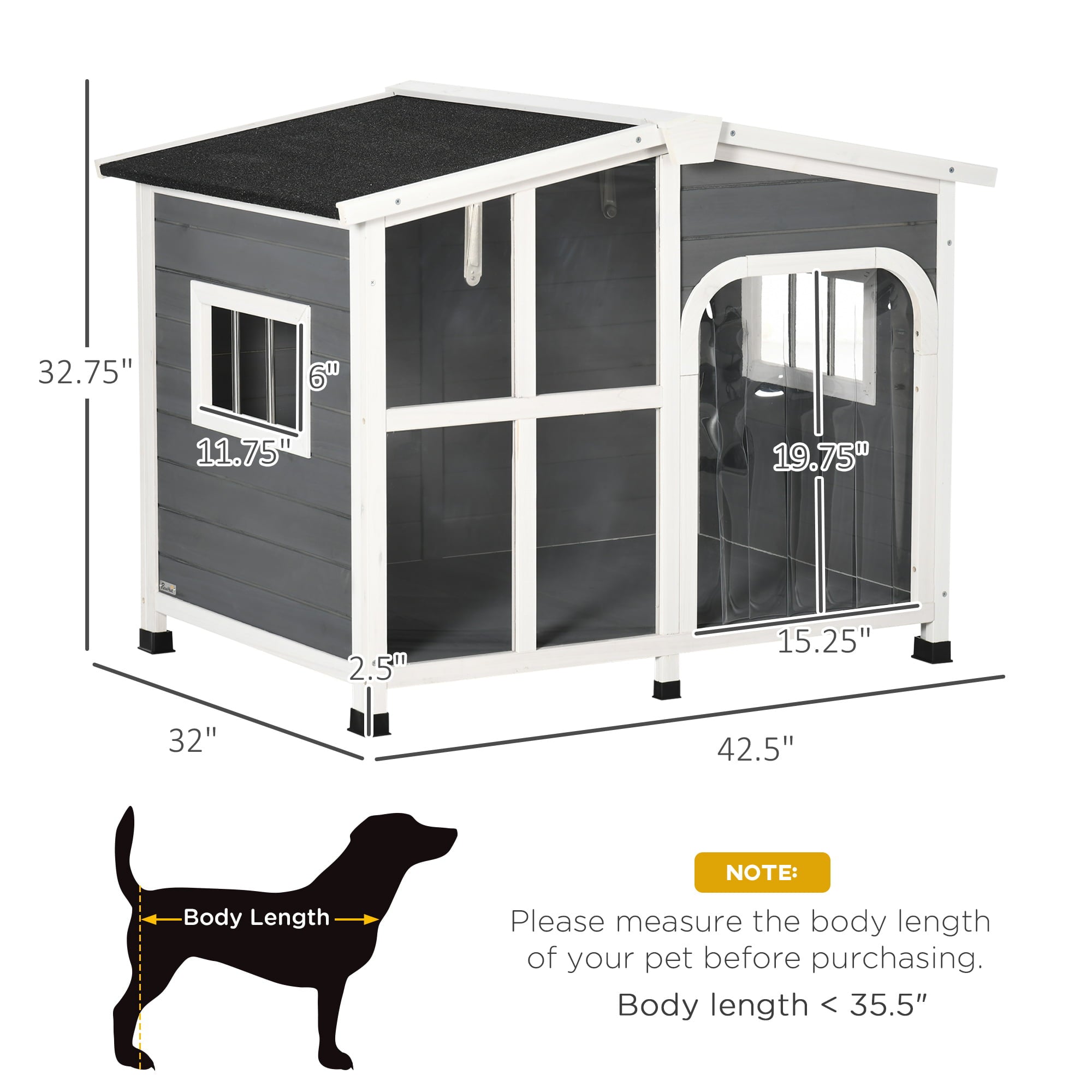 PawHut Cabin-Style Wooden Dog House for Large Dogs Outside with Openable Roof and Giant Window， Big Dog House Outdoor and Indoor， Asphalt Roof， Gray