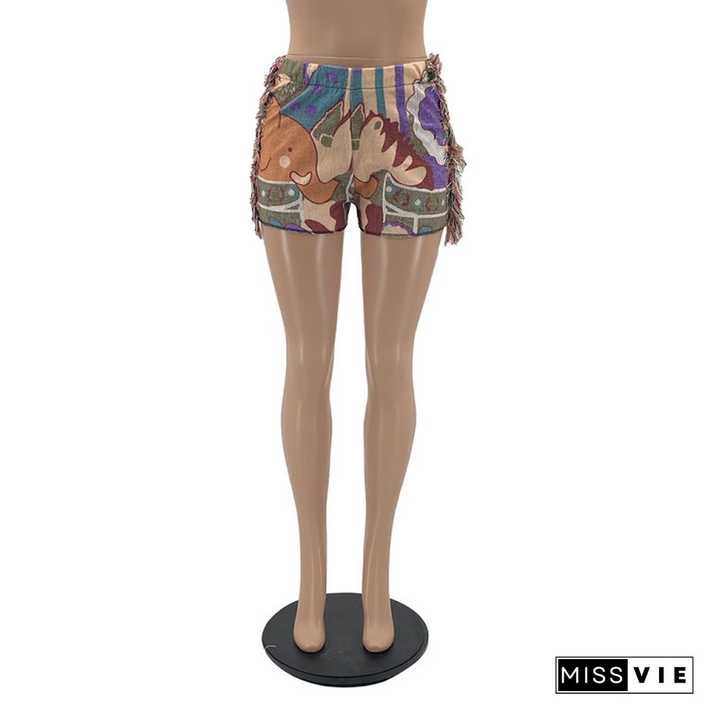 Pattern Print Tassel Side Mid Waist Shorts