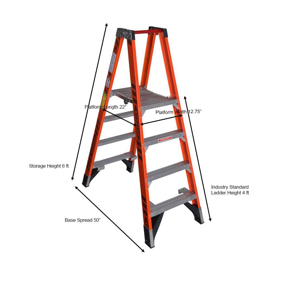 Werner 10 ft. Reach Fiberglass Platform Twin Step Ladder with 300 lb. Load Capacity Type IA Duty Rating PT7404