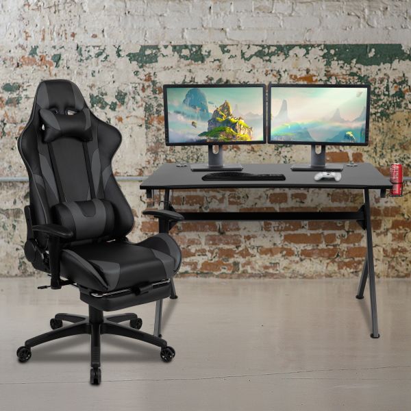 Optis Black Gaming Desk and Gray Footrest Reclining Gaming Chair Set with Cup Holder， Headphone Hook and 2 Wire Management Holes