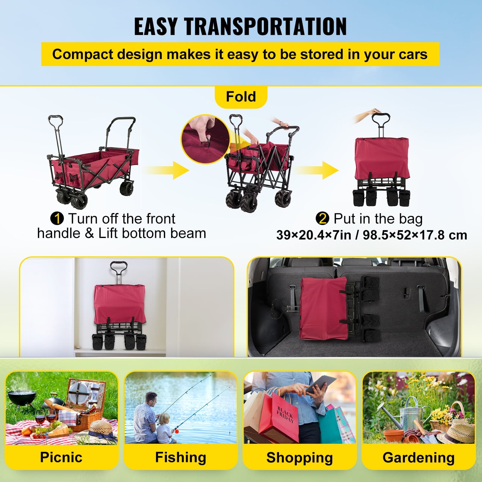 VEVORbrand Collapsible Wagon Cart Red, Foldable Wagon Cart Removable Canopy 601D Oxford Cloth, Collapsible Wagon Oversized Wheels, Portable Folding Wagon Adjustable Handles, Beach, Garden, Sports